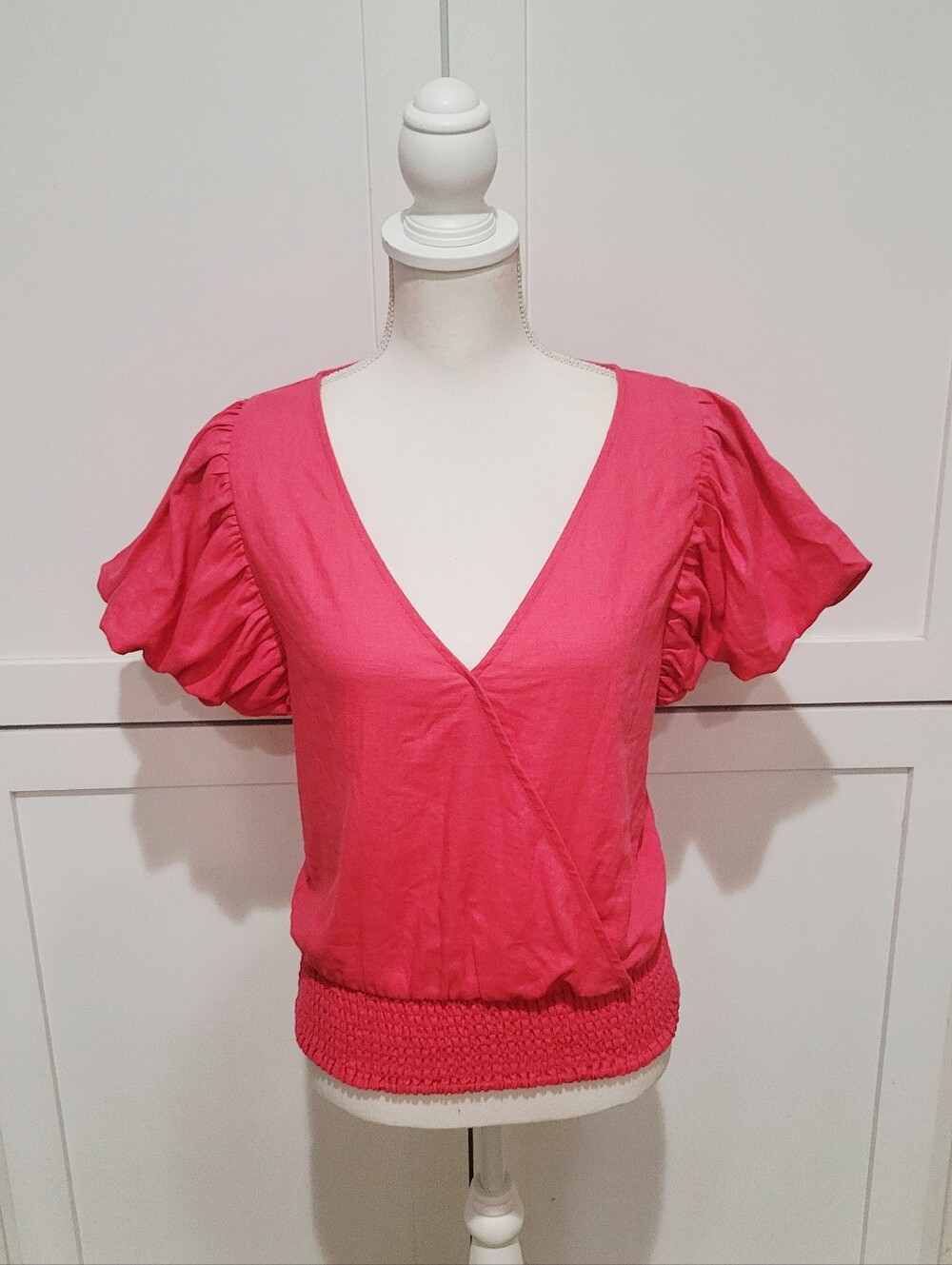 NWT Marc NY Linen Blend Pink Top w/Short Puff Sleeves & Smocked Waist | Medium